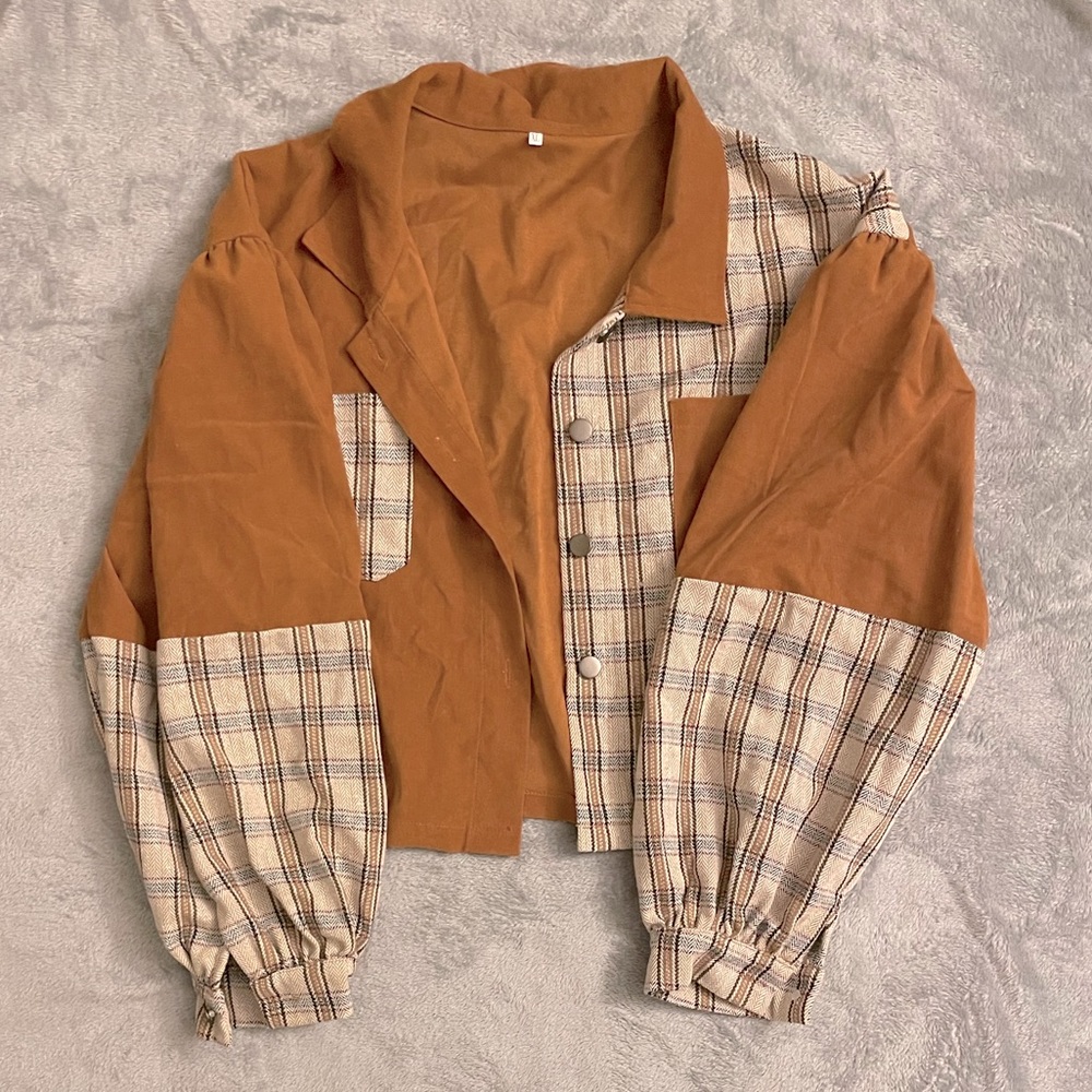 SHEIN brown tartan panel corduroy cropped shacket